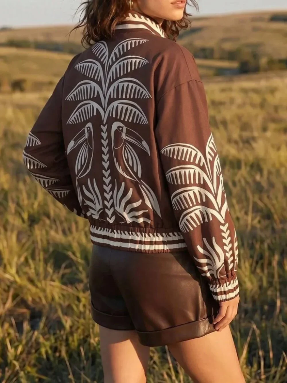 Brown Toucan Print Zip-Up Cropped Lightweight Jacket with Contrast Trim
